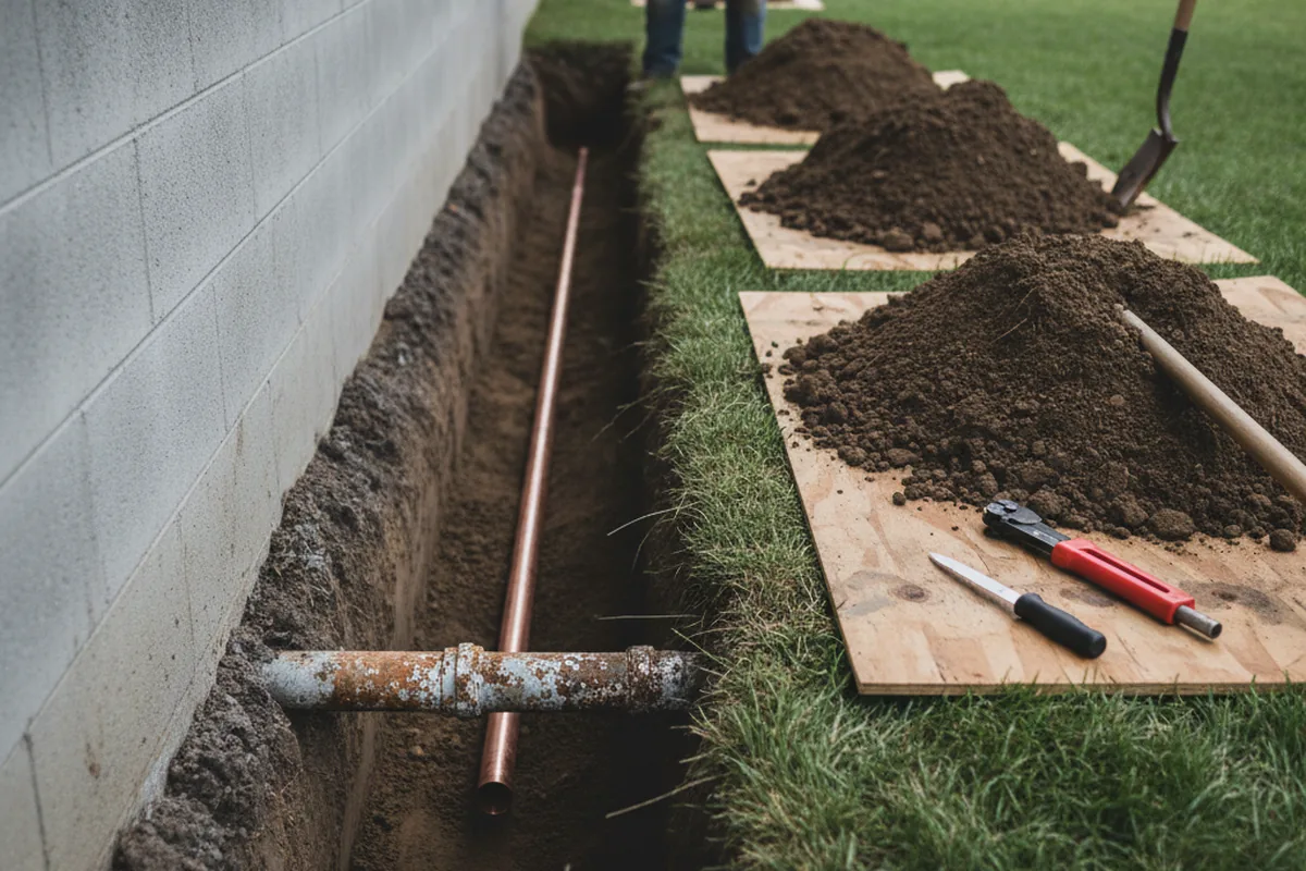 Excavated water line trench during Sewer Line Repair in Centerbrook
